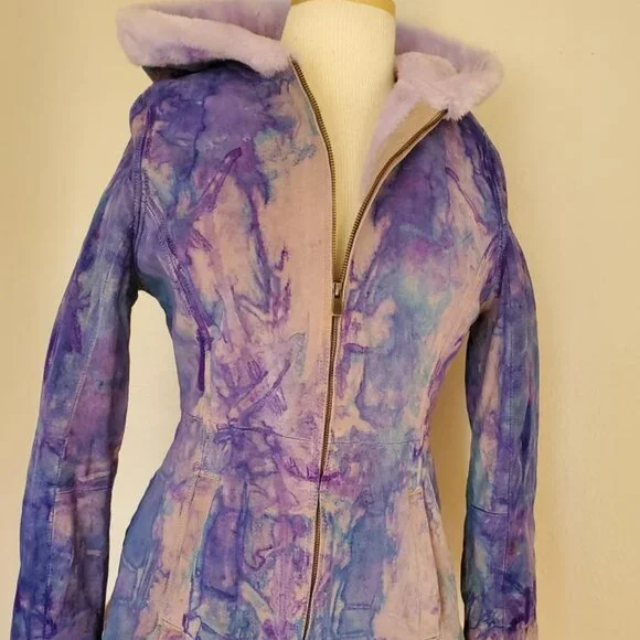 Suede leather tie dye jacket shearling boho Coat gray white pink purple blue med